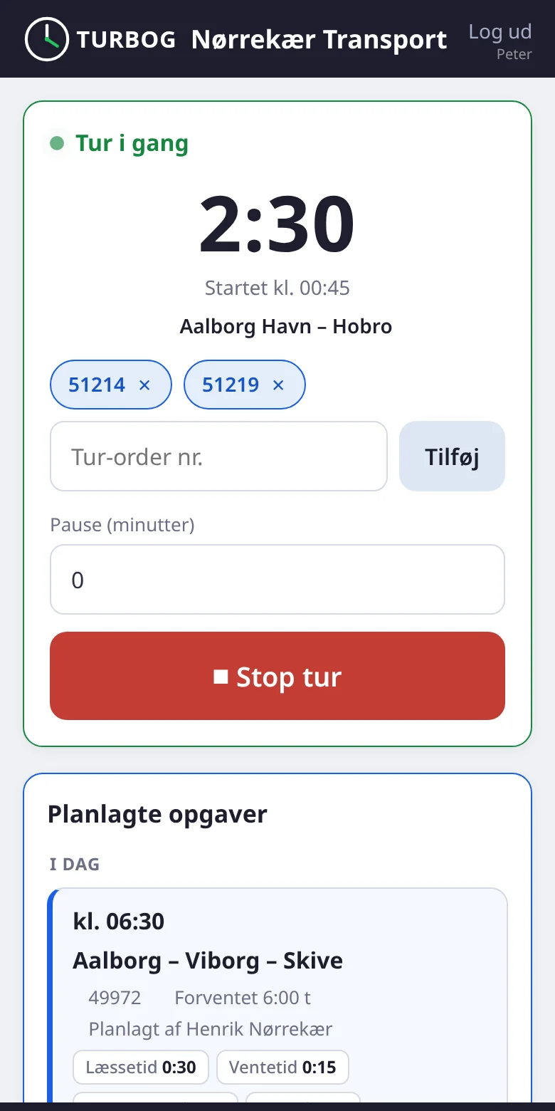 Chaufførens app på telefonen med dagens planlagte opgaver